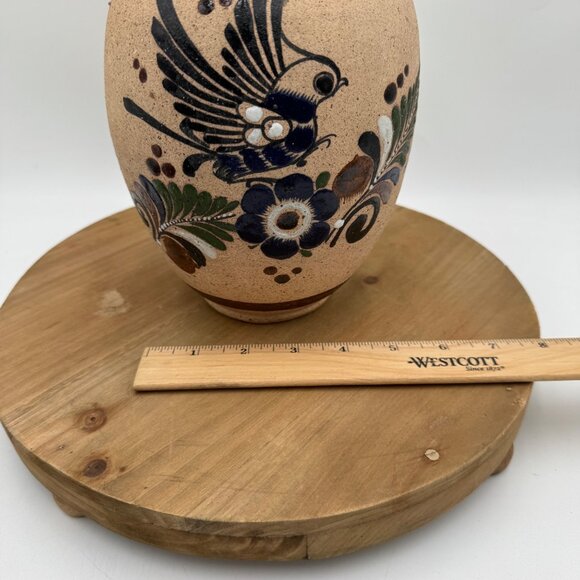 Vintage Tonala Bird Flower Vase Pottery Hand Painted Signed neutral color palett - Picture 6 of 11